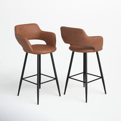 Counter Stools, Set of 2, Brown Faux Leather with Black Metal Legs