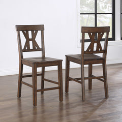 Counter Stools, Set of 2, Brown Wood Veneer Seat, Slat Back
