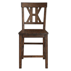 Counter Stools, Set of 2, Brown Wood Veneer Seat, Slat Back