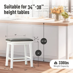 Counter Stools, Set of 2, Faux Leather Seat, Solid Wood Frame, Backless
