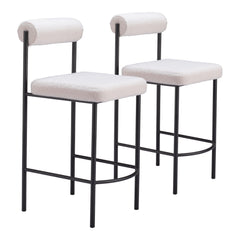Counter Stools, Set of 2, White Upholstered Seat, Black Steel Frame
