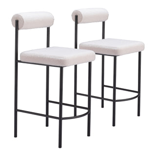 Counter Stools, Set of 2, White Upholstered Seat, Black Steel Frame