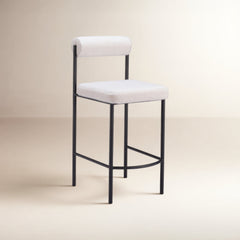 Counter Stools, Set of 2, White Upholstered Seat, Black Steel Frame