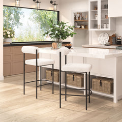 Counter Stools, Set of 2, White Upholstered Seat, Black Steel Frame