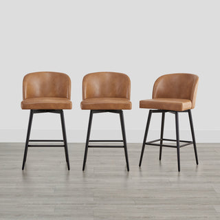 Counter Stools, Set of 3, Brown Faux Leather with Matte Black Iron Frame