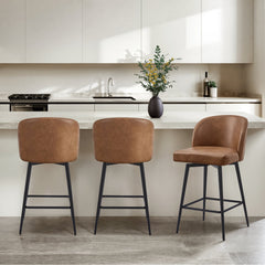 Counter Stools, Set of 3, Brown Faux Leather with Matte Black Iron Frame