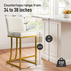 Counter Stools, Set of 4, White Faux Leather, Gold Steel Sled Base