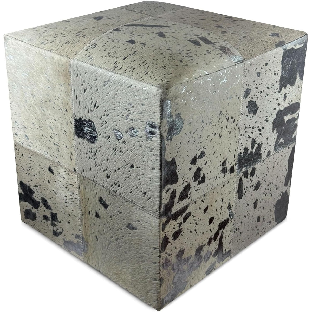 Cowhide Leather Ottoman, 18 in Cube with Brown and Beige Animal Print