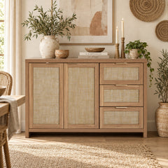Credenza, 51 in W, Natural Oak Manufactured Wood with Woven Rattan Panels