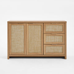 Credenza, 51 in W, Natural Oak Manufactured Wood with Woven Rattan Panels