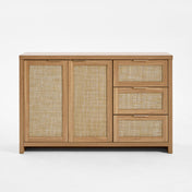 Credenza, 51 in W, Natural Oak Manufactured Wood with Woven Rattan Panels