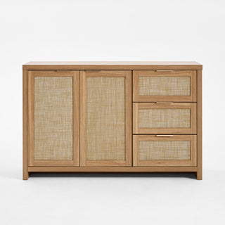 Credenza, 51 in W, Natural Oak Manufactured Wood with Woven Rattan Panels