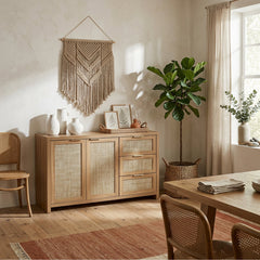 Credenza, 51 in W, Natural Oak Manufactured Wood with Woven Rattan Panels