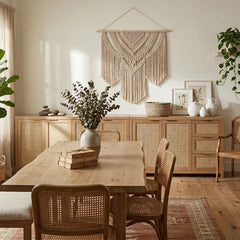 Credenza, 51 in W, Natural Oak Manufactured Wood with Woven Rattan Panels