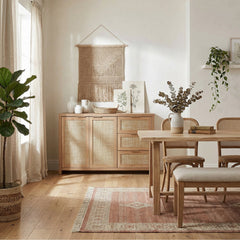 Credenza, 51 in W, Natural Oak Manufactured Wood with Woven Rattan Panels