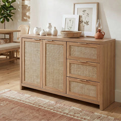 Credenza, 51 in W, Natural Oak Manufactured Wood with Woven Rattan Panels