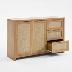 Credenza, 51 in W, Natural Oak Manufactured Wood with Woven Rattan Panels