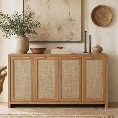 Credenza with 4 Doors and Woven Rattan Fronts in Natural Oak