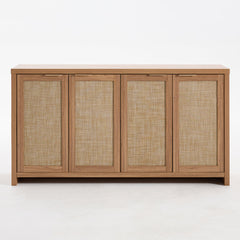 Credenza with 4 Doors and Woven Rattan Fronts in Natural Oak
