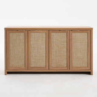 Credenza with 4 Doors and Woven Rattan Fronts in Natural Oak