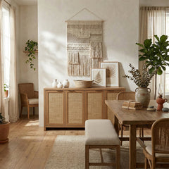 Credenza with 4 Doors and Woven Rattan Fronts in Natural Oak