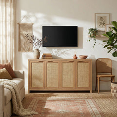 Credenza with 4 Doors and Woven Rattan Fronts in Natural Oak