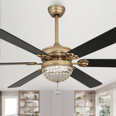 Crystal Ceiling Fan with Light, 65 Inch, Gold with Black Blades