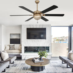 Crystal Ceiling Fan with Light, 65 Inch, Gold with Black Blades