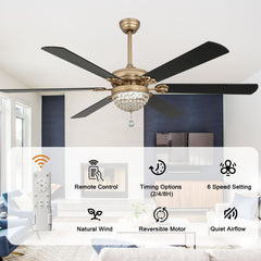 Crystal Ceiling Fan with Light, 65 Inch, Gold with Black Blades