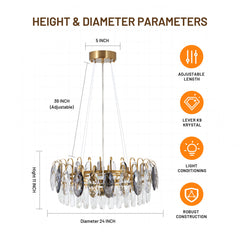 Crystal Chandelier, 6 Lights, 23.6 in Round with Gold Metal Frame