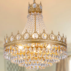 Crystal Chandelier with 9 Lights and Glass Shade in Gold