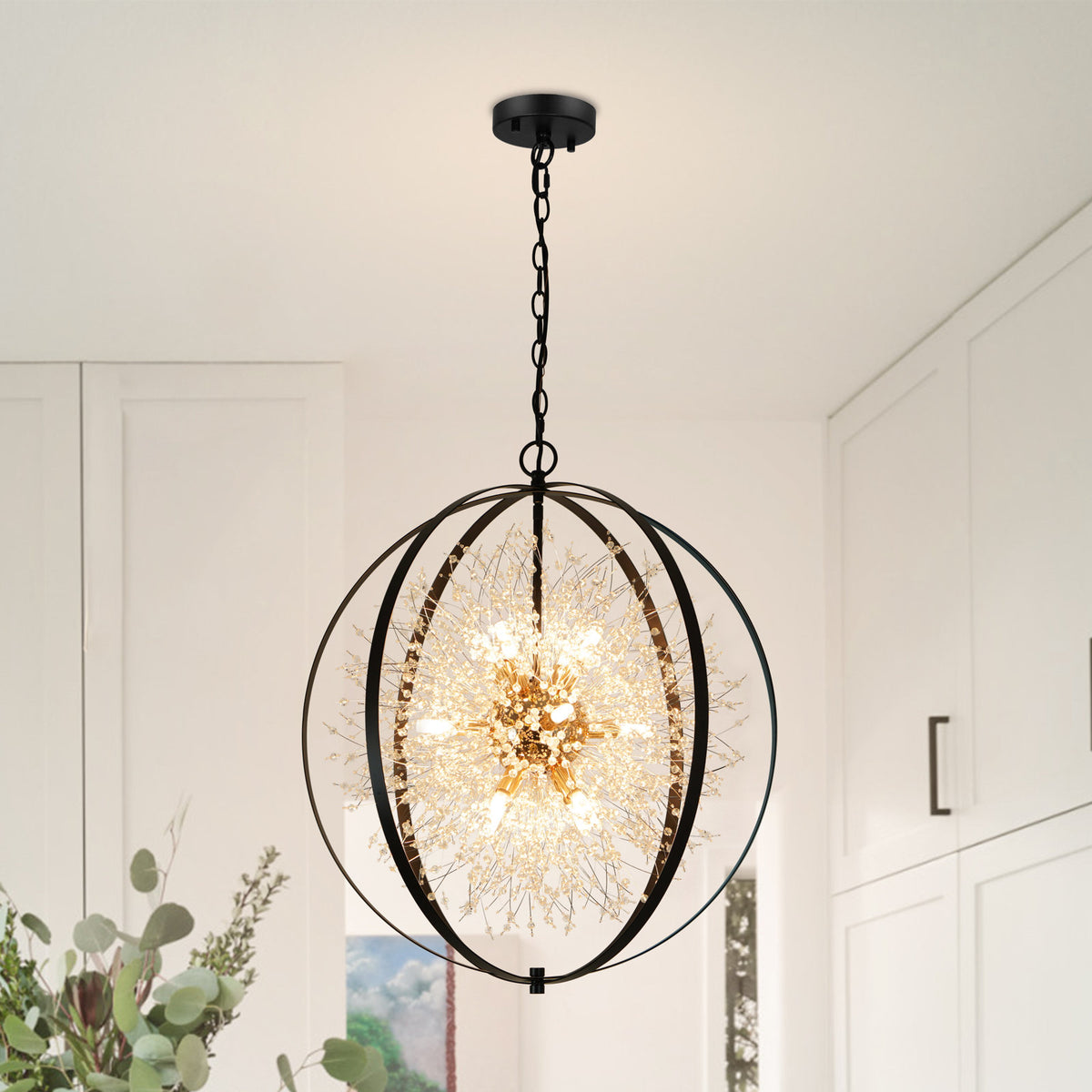 Crystal Globe Chandelier with 12 Lights in Gold and Black Metal