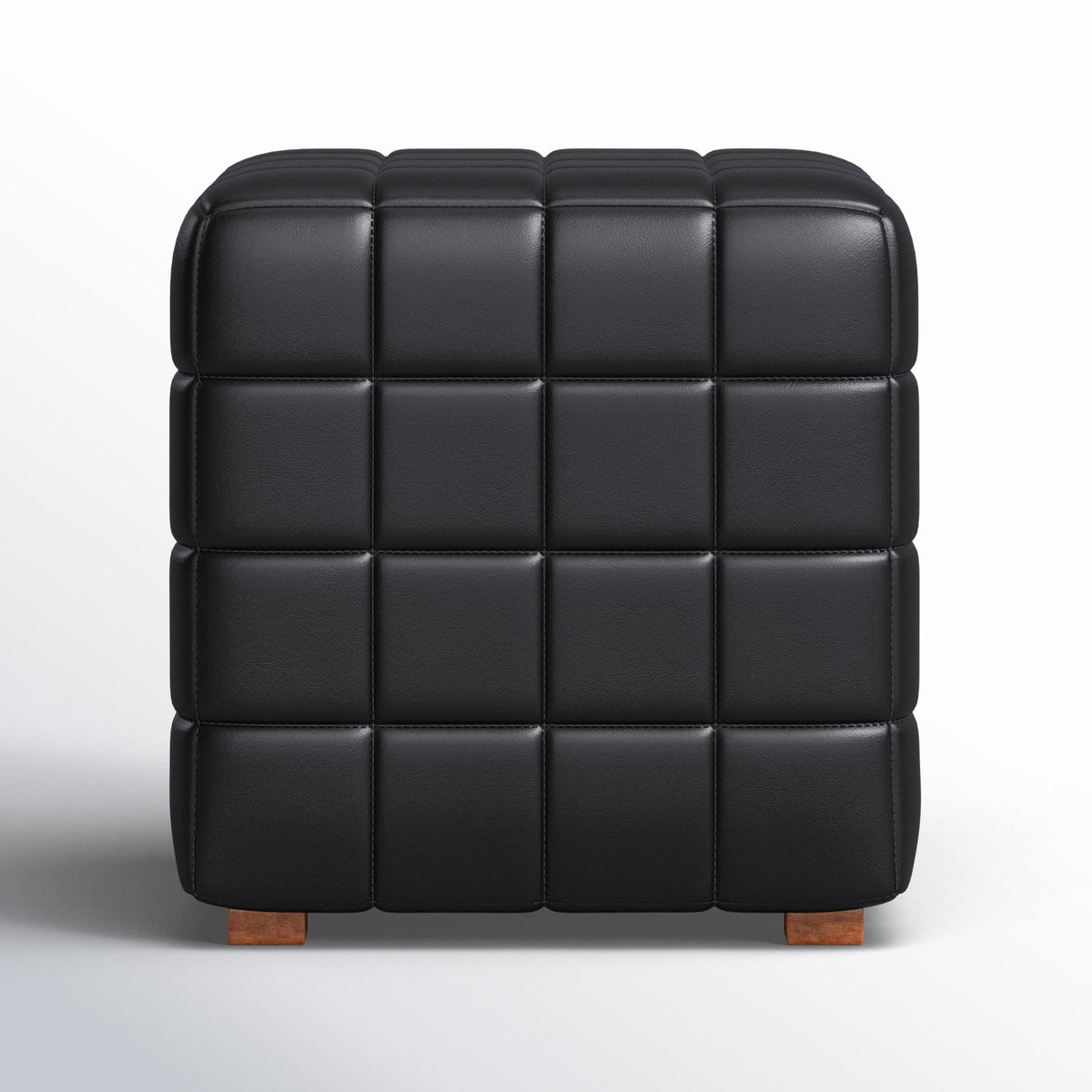 Cube Ottoman, 18 in, Black Leather with Brown Wood Legs