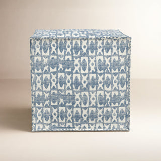 Cube Ottoman, Blue Cotton Polyester Blend with Wood Frame