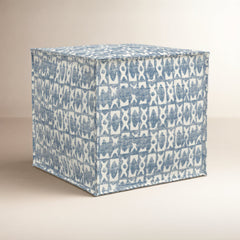 Cube Ottoman, Blue Cotton Polyester Blend with Wood Frame