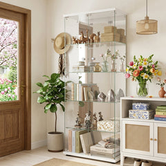 Curio Cabinet, 5-Tier Glass with Mirrored Back in White