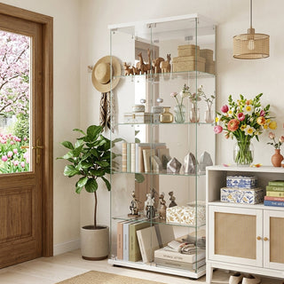 Curio Cabinet, 5-Tier Glass with Mirrored Back in White
