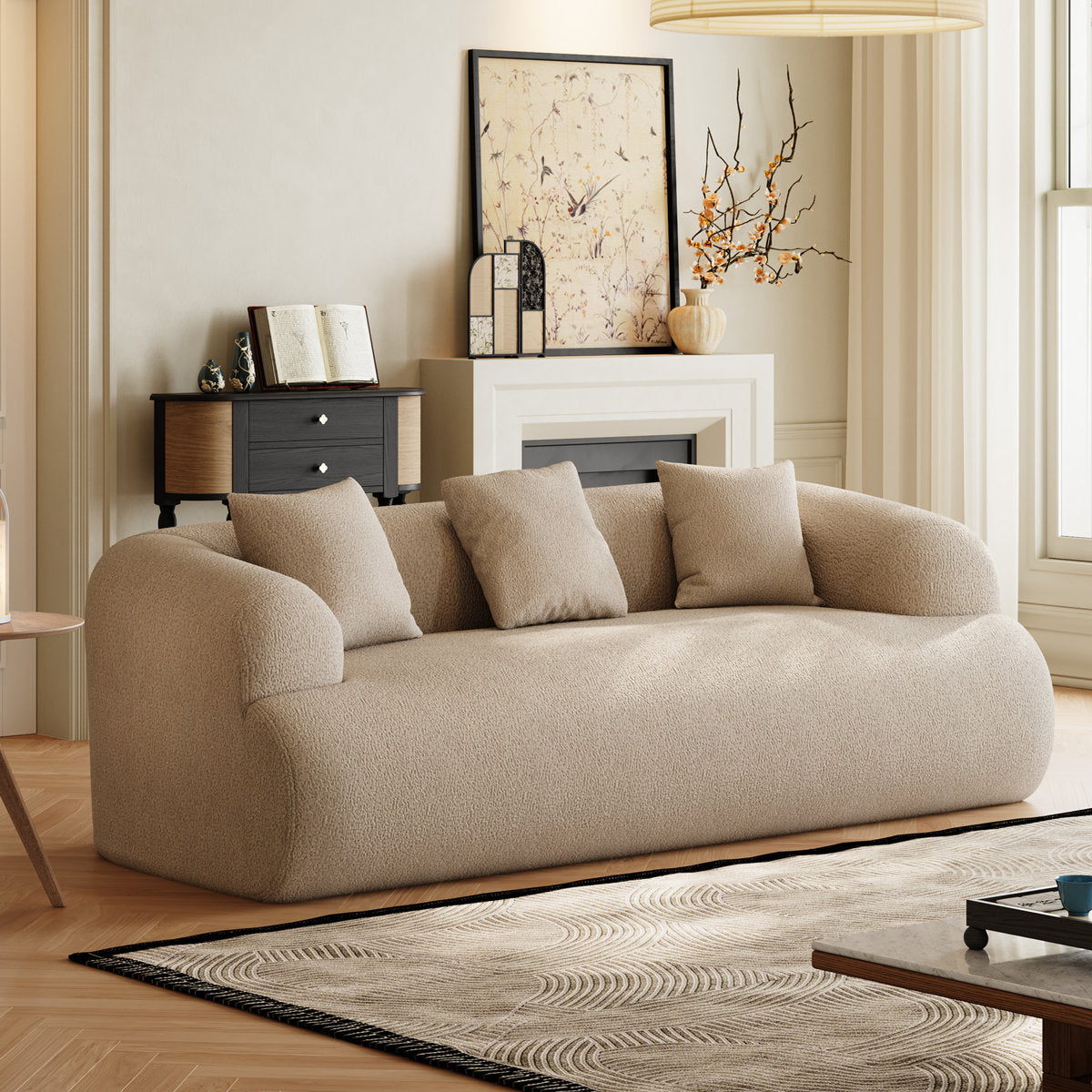 Curved Sofa in Chenille with Recessed Arms, Light Brown