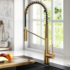 Oletto Commercial Style Single Handle Pull Down Kitchen Faucet with QuickDock Top Mount Installation Assembly in Brushed Brass | product photo