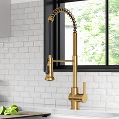Britt Commercial Style Single Handle Pull Down Kitchen Faucet in Brushed Brass | product photo