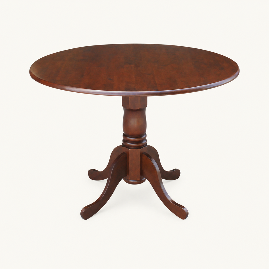 Front | espresso drop-leaf table centered on paper, both leaves raised, turned pedestal on four curved feet