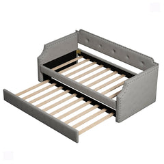 Daybed, Twin Size, Gray Polyester, Wood Frame, Nailhead Trim