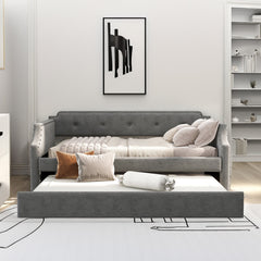 Daybed, Twin Size, Gray Polyester, Wood Frame, Nailhead Trim