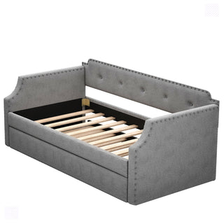 Daybed, Twin Size, Gray Polyester, Wood Frame, Nailhead Trim