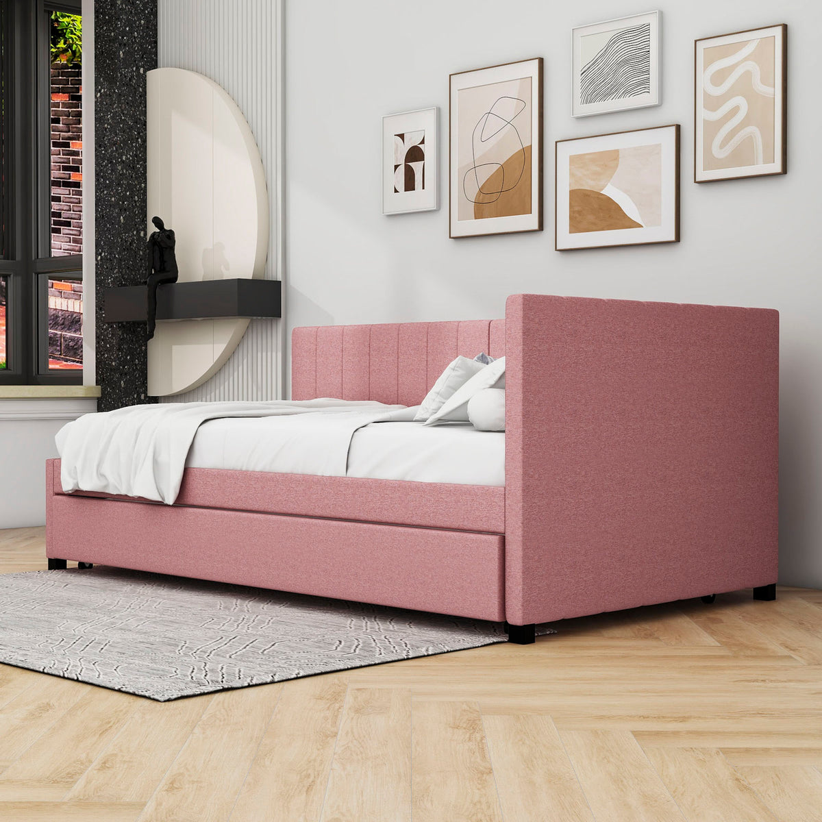 Daybed, Twin Size with Trundle in Pink Linen