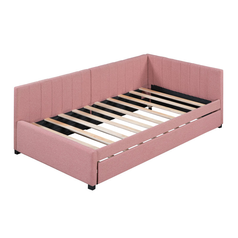 Daybed with Roll-Out Bed, Twin Size, Pink Linen