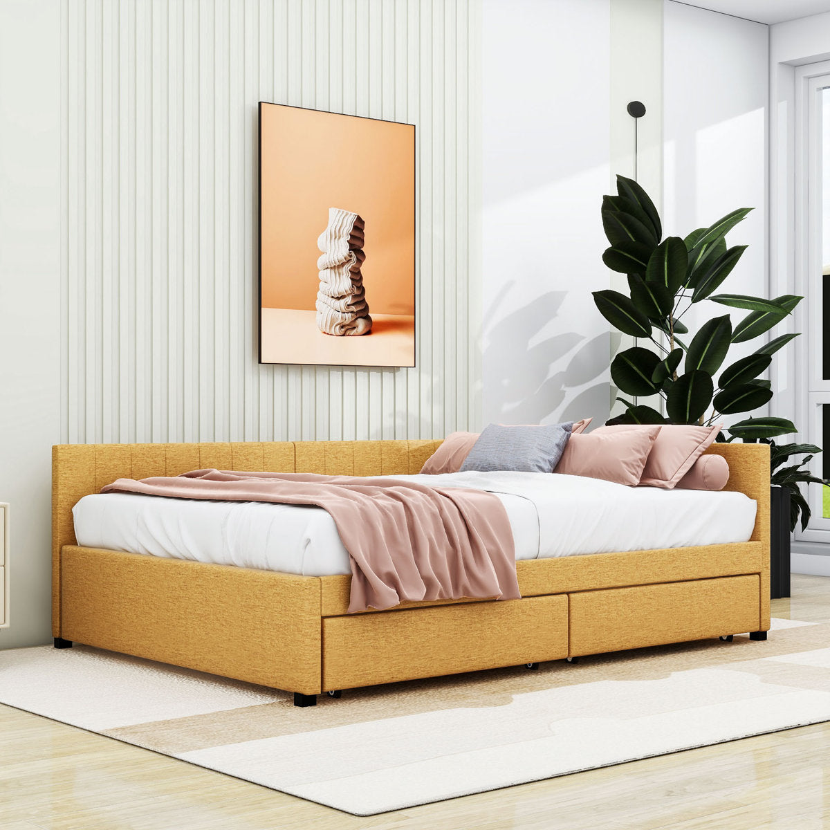Daybed with Storage Drawer, Full Size, Yellow Linen, Manufactured Wood Frame