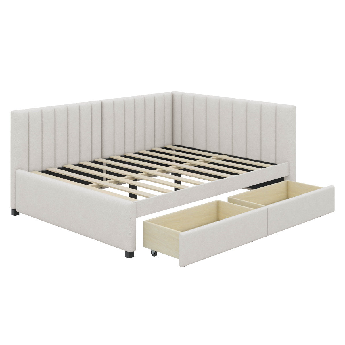 Daybed with Storage Drawers, Linen Upholstered, Wood Frame, Beige