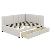 Daybed with Storage Drawers, Linen Upholstered, Wood Frame, Beige