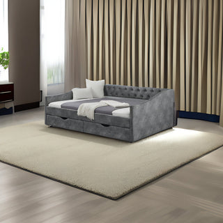 Daybed with Two Drawers, Full/Double, Beige Linen Blend, Nailhead Trim